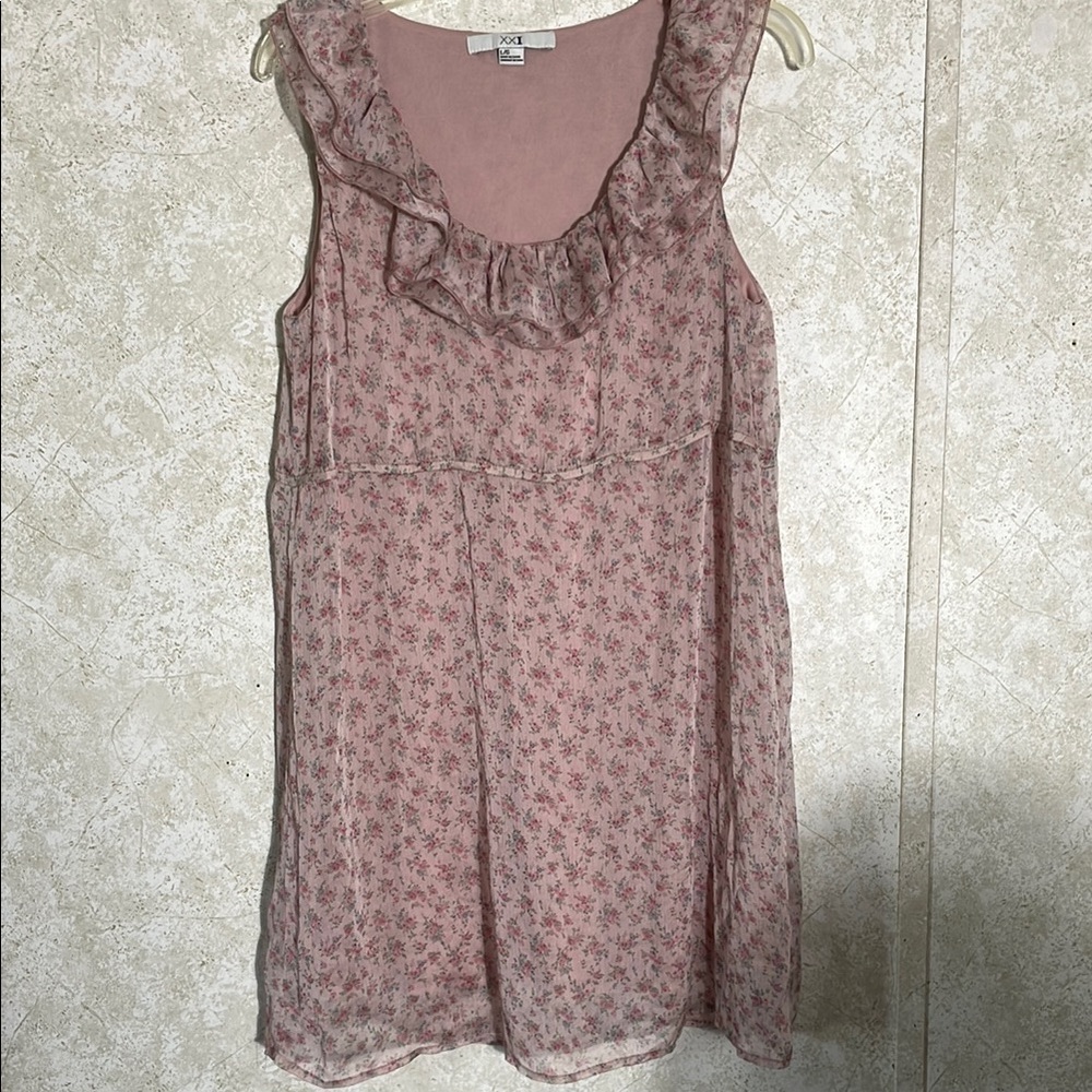 Forever 21 Blush Pink & Green Floral Ruffle Neck Sleeveless Mini Dress